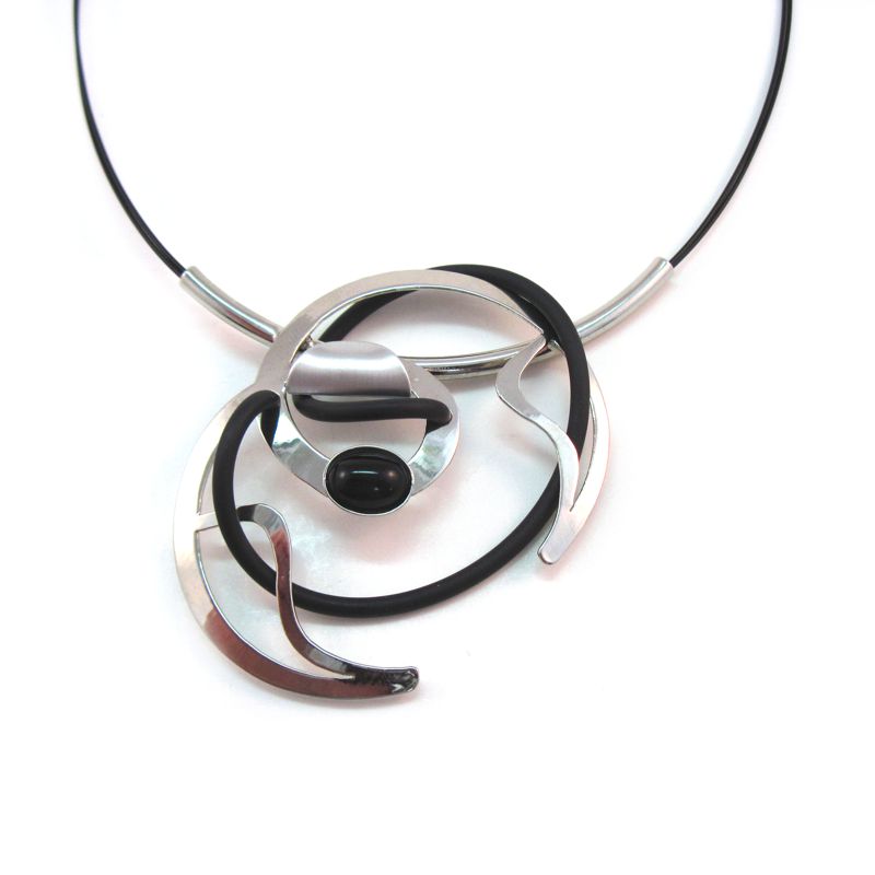 Shiny Silver and Black Rubber Necklace on Black Nylon - Click Image to Close